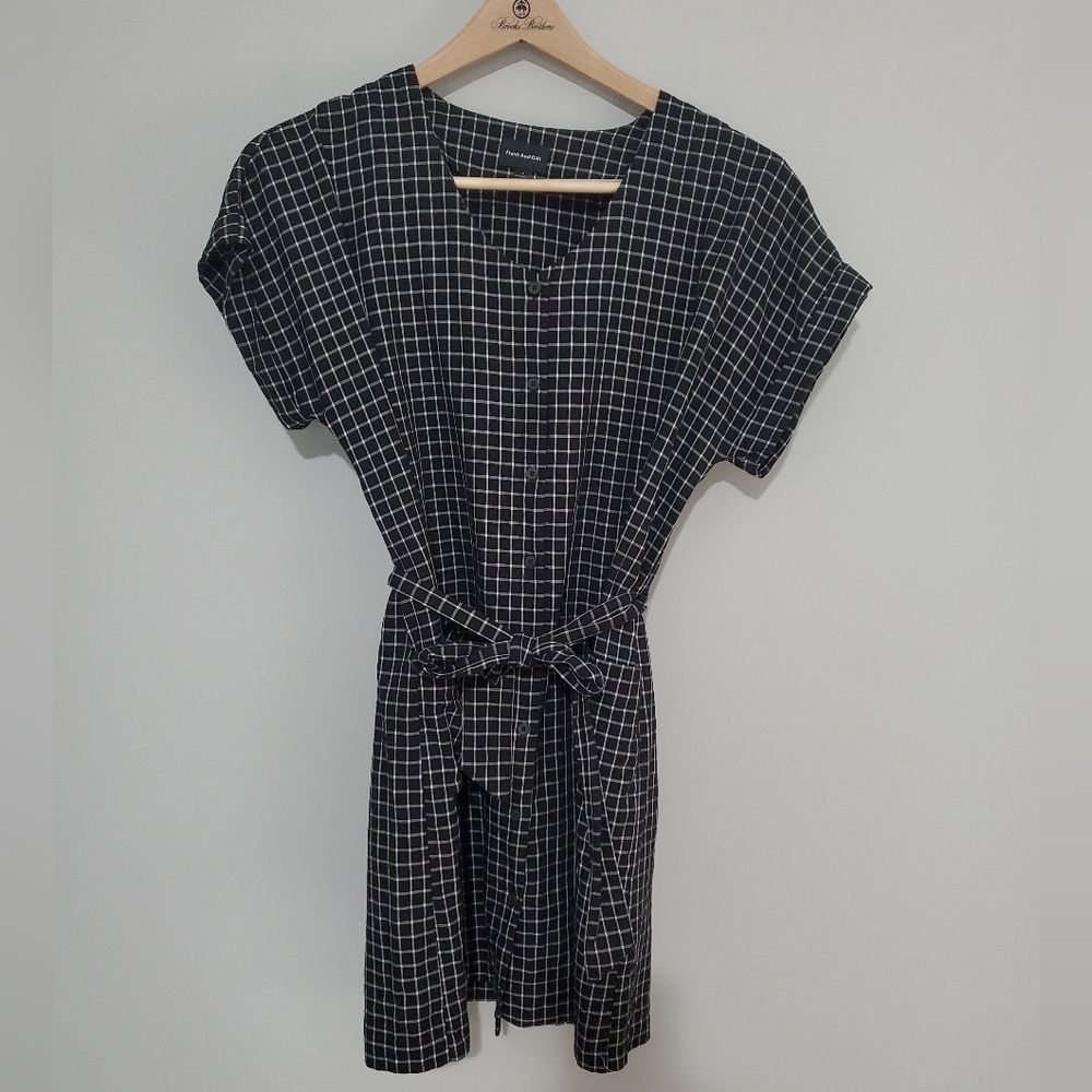Frank and Oak Black Gingham Windowpane Plaid Linen Blend Utility Dress
